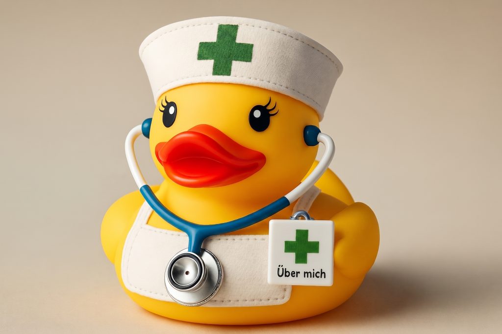 Gelbe Badeente in einem Krankenschwesterkostüm mit einem Schild "über mich" auf der Brust