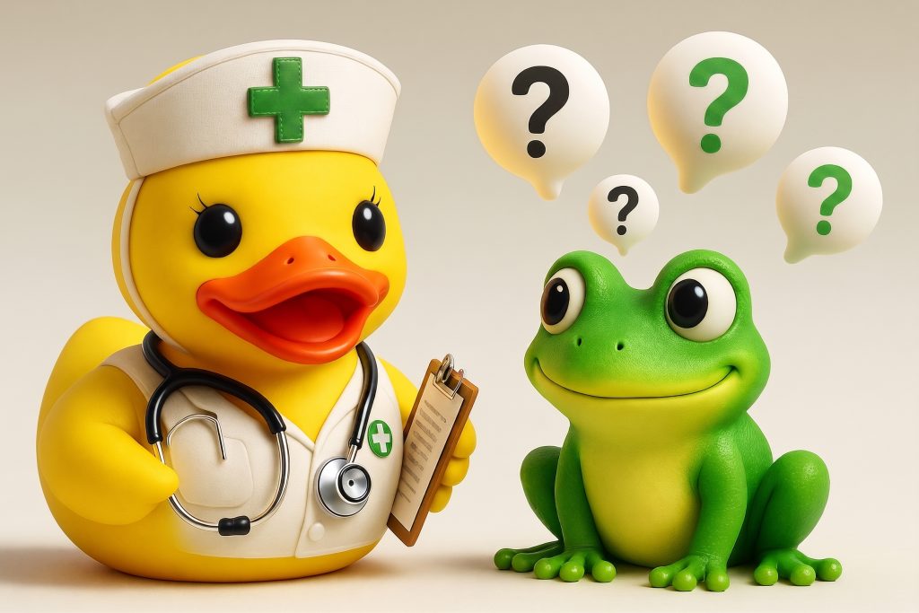 gelbe Badeente im Krankenschwesterkostüm, die einen niedlichen grünen Frosch mit Fragezeichen über dem Kopf, die wichtigsten Fragen beantwortet