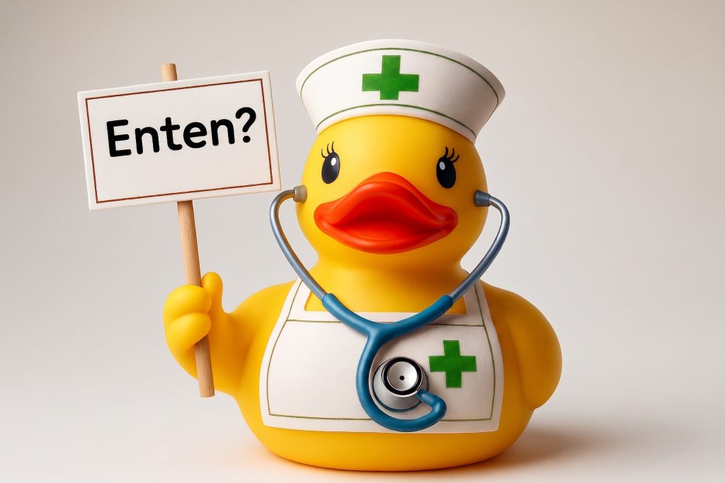 Gelbe Badeente im Krankenschwesternkostüm hält ein Schild mit der Aufschrift "Enten?"